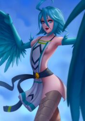 1girls 2021 areola_slip blue_eyes blue_feathers blue_hair feathers female female_only flat_chest greamyart harpy harpy_girl hi_res looking_at_viewer monster_girl monster_musume_no_iru_nichijou open_mouth papi_(monster_musume) smiling smiling_at_viewer solo tuft winged_arms