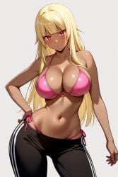 1girl ai-created ai_generated bangs bare_arms bare_shoulders bikini bikini_bottom bikini_under_clothes black_pants blonde_hair blunt_bangs blush breasts clavicle cleavage closed_mouth clothing dark-skinned_female dark_skin female female_only gokukoku_no_brynhildr halterneck hand_on_hip hand_on_own_hip high_resolution large_breasts long_hair looking_at_viewer midriff navel pants pink_bikini pink_swimsuit portrait red_eyes rena_aikawa_(pixiv_user) side-tie_bikini side-tie_bikini_bottom side-tie_clothing side-tie_swimsuit sidelocks smile solo sportswear standing stomach string_bikini striptease swimsuit swimsuit_under_clothes tachibana_mina_(gokukoku_no_brynhildr) thighs track_pants underwear