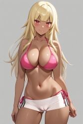 1girl ai-created ai_generated bangs bare_arms bare_shoulders bikini bikini_bottom bikini_under_shorts blonde_hair blunt_bangs blush breasts cameltoe clavicle cleavage closed_mouth clothing dark-skinned_female dark_skin eyebrows female female_only gokukoku_no_brynhildr groin halterneck hand_on_hip high_resolution large_breasts long_hair looking_at_viewer midriff navel pink_bikini pink_swimsuit portrait red_eyes rena_aikawa_(pixiv_user) shiny shiny_skin short_shorts shorts side-tie_bikini side-tie_bikini_bottom side-tie_clothing side-tie_swimsuit sidelocks skindentation smile solo standing stomach string_bikini striptease swimsuit tachibana_mina_(gokukoku_no_brynhildr) tanned thigh_gap thighs v-shaped_eyebrows white_shorts