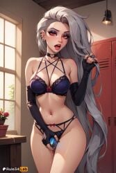 1girls ai_generated artist_name bare_shoulders black_bra black_choker black_gloves bow bow_panties bra breasts can choker cleavage collarbone cowboy_shot ear_piercing earrings elbow_gloves eyebrow_piercing eyeshadow female fingerless_gloves gloves grey_hair helluva_boss hi_res holding holding_can humanized indoors jewelry large_breasts lingerie long_hair looking_at_viewer loona_(helluva_boss) makeup medium_breasts mole mole_on_breast nail_polish navel navel_piercing open_mouth panties patreon_logo patreon_username piercing pussy_juice red_eyes red_lips rule34lab solo standing stomach tongue underwear very_long_hair window
