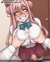1futa 1other admiral_(kancolle) ai_generated artist_name asashimo_(kancolle) blue_bow blush bow bowtie breast_grab breasts cockquette deep_skin double_bun dress erection eyebrows_visible_through_hair female futanari glasses grabbing grabbing_from_behind grey_legwear grin groping guided_breast_grab hair_bun halterneck indoors intersex large_breasts long_hair long_sleeves makigumo_(kancolle) no_bra out_of_frame pantyhose patreon_username pectoral_grab penis pink_dress pink_hair pov pov_hands purple_dress remodel_(kantai_collection) school_uniform sharp_teeth shirt sleeves_past_wrists smile solo_focus straight tagme teeth tumblr_username twintails twitter_username watermark web_address white_shirt yellow_eyes