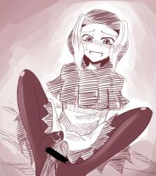 bad_id bad_pixiv_id black_pantyhose blush censored cum cum_on_body cum_on_feet dress female footjob hood hood_up kumoi_ichirin monochrome open_mouth pantyhose penis raised_eyebrows sitting sweatdrop touhou two-footed_footjob yamaoka_(hahha)