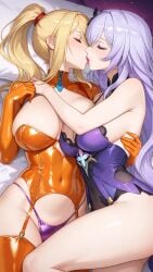 2girls ai_generated bangs bare_shoulders bare_thighs bed bedroom black_swan_(honkai:_star_rail) blonde_female blonde_hair blonde_hair_female breast_squeeze breasts cleavage closed_eyes commentary_request crossover female female_focus female_only garter_straps gloves hair hand_on_shoulder honkai:_star_rail honkai_(series) hoyoverse kissing latex latex_gloves latex_legwear lavender_hair laying_on_bed lesbian_kiss lia_the_busty_redhead lingerie lipstick mature mature_female mature_woman metroid mihoyo nintendo orange_clothing panties passionate passionate_kiss pillow ponytail purple_hair samus_aran self_upload stockings tagme thighs thong underwear yuri zero_suit_samus