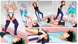 1boy 3girls age_difference arlioth barefoot boku_no_hero_academia comic comic_page comic_panel cooperative_footjob defeated defeated_hero defeated_male denki_anma dominant_female female femdom foot_domination foot_fetish foot_worship footjob footjob_over_clothes footjob_with_legwear humiliation izuku_midoriya male midoriya_izuku mirko miruko multiple_footjob multiple_girls my_hero_academia nejire_hado ochako_uraraka older_female_and_younger_male penis rumi_usagiyama stepped_on stepping_on_penis submissive_male taller_female teamwork trample trampling uraraka_ochako usagiyama_rumi