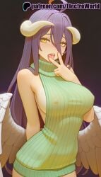 1girls 2025 ai_generated albedo_(overlord) angel angel_wings artist_name bare_shoulders black_wings blush breasts breasts breasts bust chest covered_nipples electroworld feathered_wings female hi_res high_quality high_resolution highres horns long_hair low_wings meme_attire naked_sweater overlord_(maruyama) patreon patreon_username ribbed_sweater solo stable_diffusion sweater tongue virgin_killer_sweater watermark white_wings wings yellow_eyes