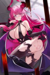 ass azur_lane bare_shoulders black_dress black_thighhighs blue_eyes blush boots breasts cg cleavage clenched_teeth demon_girl demon_horns demon_wings detached_sleeves dress earrings female heterochromia horns huge_breasts jewelry large_breasts long_hair looking_at_viewer mecklenburg_(azur_lane) official_art pink_eyes pink_hair pointy_ears revealing_clothes solo teeth thighhighs thighs wings