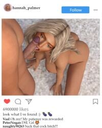 1boy 1girls all_fours ass blonde_hair blue_eyes blurry breasts english_text fellatio female nipples nude open_mouth oral penis pov social_media straight testicles