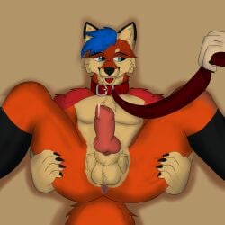 absurd_res anthro anus ass balls blue_eyes blue_hair bodily_fluids canid canine canis collar cum digital_media_(artwork) fox fur genital_fluids genitals hair hi_res knot male mammal nude orange_body orange_fur penis red_body red_fur smile solo tail yellow_body yellow_fur zerkowolf