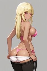 1girl ai-created ai_generated ass back bangs bare_shoulders bikini bikini_bottom bikini_under_shorts black_pants blonde_hair blunt_bangs blush breasts closed_mouth clothes_pull clothing dark-skinned_female dark_skin female female_only from_behind gokukoku_no_brynhildr gyaru halterneck high_resolution large_breasts long_hair looking_at_viewer looking_back pants pants_pull pantsu pink_bikini pink_clothing pink_panties pink_swimsuit pink_underwear portrait red_eyes rena_aikawa_(pixiv_user) shorts shorts_pull side-tie_bikini side-tie_bikini_bottom side-tie_clothing side-tie_swimsuit sideboob skindentation smile solo sportswear standing strap_gap string_bikini striptease swimsuit tachibana_mina_(gokukoku_no_brynhildr) tanned thighs thong thong_bikini thong_swimsuit track_pants underwear white_shorts