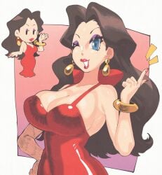 1girls blue_eyes bracelet breasts brown_hair brown_hair_female bursting_breasts chibi cleavage clothed clothed_female clothes clothing earring earrings eyeshadow female hair huge_breasts inkuusan lipstick looking_at_viewer mario_(series) nintendo one_eye_closed pauline purple_eyeshadow red_dress red_lipstick smile smiling smiling_at_viewer solo solo_female solo_focus wink winking winking_at_viewer