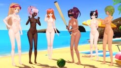 6+girls bandage bandaid barefoot baseball_bat beach black_hair blindfold blonde_hair blue_eyes breasts casual_nudity completely_nude completely_nude_female female female_focus female_only flower_crown flower_in_hair glasses green_eyes green_hair justsomepervert koikatsu koikatsu_(medium) kristen_(justsomepervert) layla_(justsomepervert) lia_(justsomepervert) lifeguard linda_(justsomepervert) muscle_girl muscles nudist ocean orange_hair original_character original_characters pink_hair ponytail pubic_hair purple_eyes remi_(justsomepervert) ribbon ribbon_in_hair sakura_(justsomepervert) sand self_upload short_hair sky snorkel starfish sunglasses sunglasses_on_head tanline vagina watermelon whistle whistle_around_neck