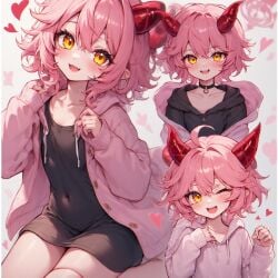 1boy ai_generated femboy hoodie horn male_only perchance_ai pink_hair red_horns tagme thick_thighs wide_hips yellow_eyes