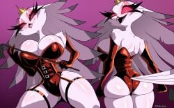 1girls anthro ass avian big_ass big_breasts breasts cameltoe cleavage corset dominant_female dominatrix dominatrix_outfit female female_anthro furry helluva_boss hourglass_figure huge_breasts latex latex_bodysuit long_hair looking_at_viewer looking_back mature_female milf monke_brush owl owl_demon riding_crop smug stella_(helluva_boss) thick_thighs whip