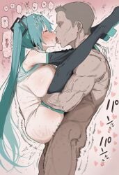 1boy 1girls ai_generated black_thighhighs blue_hair breasts carrying closed_eyes female french_kiss from_side hatsune_miku held_up huge_breasts kissing male motion_lines sex standing_sex straight suspended_congress thighhighs twintails ugly_bastard ushiroman vocaloid