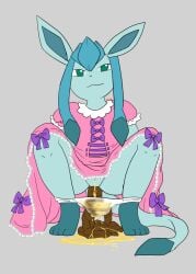 anthro ass blue_body blue_fur bodily_fluids clothed clothing crouching dress eeveelution feces female female_pooping fur generation_4_pokemon genital_fluids genitals glaceon green_eyes grey_background hi_res leg_markings looking_at_viewer markings nintendo panties panties_down partially_clothed peeing peeing_on_ground pink_clothing pink_dress pokemon pokemon_(species) pooping_on_floor raveneevee scat scatplay signature simple_background socks_(marking) soiled_panties soiling soiling_underwear solo tail text underwear underwear_down urine urine_on_feces urine_on_ground urine_pool urine_stream vulva watersports wetting wetting_bottomwear