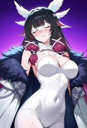 ai_generated bare_shoulders black_hair blunt_bangs blush bow bowtie breasts cleavage closed_eyes closed_mouth coat columbina_(genshin_impact) covered_navel eye_mask female fur-trimmed_coat fur_trim genshin_impact gradient_background gradient_hair hair_ornament head_wings large_breasts leotard long_hair mask multicolored_hair off_shoulder pink_hair red_hair shadowrealmarts smile solo strapless two-tone_hair uncensored white_bow white_coat white_mask wings