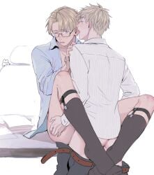 2boys america_(hetalia) anal ass axis_powers_hetalia back belt black-framed_eyewear black_pants black_socks blonde_hair blue_eyes blue_shirt blush brown_belt buttons clothes_down collared_shirt commentary_request cowboy_shot fingernails garter_belt glasses green_eyes half-closed_eyes hand_on_another's_shoulder hand_up huacai jewelry leg_lock licking long_sleeves looking_at_another male male_focus multiple_boys necklace no_shoes on_table one_eye_closed open_clothes open_mouth open_shirt pants paper semi-rimless_eyewear sex shirt short_hair simple_background sitting socks standing striped_clothes striped_shirt sweat sweatdrop table teeth tongue tongue_out united_kingdom_(hetalia) white_background white_shirt yaoi