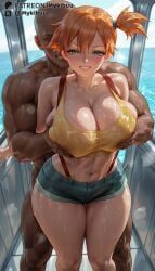 1boy 1girls ai_generated alternate_breast_size aqua_eyes bald bare_shoulders blue_shorts blush breasts cleavage clothed_female_nude_male collarbone covered_nipples crop_top dark-skinned_male dark_skin denim denim_shorts faceless faceless_male female grabbing grabbing_another's_breast grabbing_from_behind green_eyes grin hair_between_eyes huge_breasts interracial kasumi_(pokemon) large_breasts looking_at_viewer male midriff mole mole_on_breast muscular muscular_male mykibuu navel netorare nude ocean orange_hair pokemon pokemon_(anime) pokemon_dppt pokemon_journeys pokemon_rgby pokemon_xy shirt short_hair short_shorts shorts side_ponytail smile solo_focus standing straight suspender_shorts suspenders sweat tank_top teeth thick_thighs thigh_sex thighs water wet wet_clothes yellow_shirt yellow_tank_top