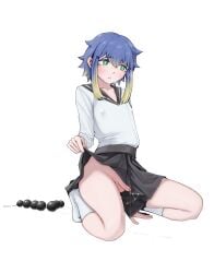 1boy absurdres anal_beads androgynous black_sailor_collar black_skirt blonde_hair blue_hair bright_pupils clothes_lift commentary_request cookie_(touhou) covered_nipples crossdressing cum full_body green_eyes highres large_variant_set long_sleeves looking_at_another male male_focus multicolored_hair nari-14 no_panties open_mouth penis sailor_collar school_uniform serafuku sex_toy shiriri_(cookie) shirt short_hair sidelocks simple_background skirt skirt_lift socks solo squatting testicles two-tone_hair uncensored variant_set white_background white_pupils white_shirt white_socks