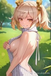 ai_generated backless_dress backless_outfit bare_arms bare_back bare_shoulders blonde_hair blurry blush breasts burnice_white day female grass grin hair_ornament hikari406 large_breasts looking_at_viewer medium_breasts meme_attire orange_eyes outdoors short_hair sideboob smile solo sweater sweater_dress turtleneck turtleneck_sweater twintails uncensored upper_body virgin_killer_sweater white_sweater zenless_zone_zero