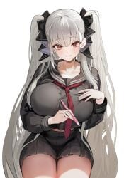 alternate_costume azur_lane black_sailor_collar black_serafuku black_shirt black_skirt blush breasts cg closed_mouth collarbone female formidable_(azur_lane) formidable_(the_lover's_heart_flutters_on_duty)_(azur_lane) grey_hair hair_ribbon hand_on_own_chest holding huge_breasts large_breasts long_hair long_sleeves looking_at_viewer neckerchief necktie pen pleated_skirt red_eyes red_neckerchief sailor_collar school_uniform serafuku shirt simple_background sitting skirt smile solo thighs twintails two-tone_ribbon very_long_hair white_background