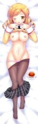 blonde_hair breasts clothes_lift clothes_pull cup dakimakura_(medium) drill_hair female large_breasts mitakihara_school_uniform nipples one_eye_closed panties panty_pull pantyhose pantyhose_pull saucer school_uniform shirt_lift skirt skirt_pull solo tea teacup thigh_gap tomoe_mami twin_drills twintails underwear yellow_eyes