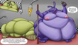 absurd_res anthro belly bo_staff bonnie_(fnaf) controller donatello donatello_(tmnt) duo eating english_text feeding feeding_tube five_nights_at_freddy's food fupa hi_res lagomorph leporid male male/male mammal medical_instrument moobs nipples nude obese obsessed overweight pizza rabbit remote_control reptile robot_arms scalie scientific_instrument scottgames teenage_mutant_ninja_turtles text tools tube turtle weight_gain wolfgerlion64 wrench