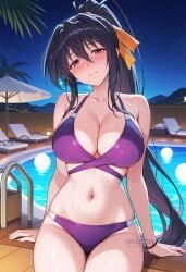 ai_generated bare_shoulders bikini black_hair blush breasts cleavage collarbone female hair_between_eyes hair_ribbon head_tilt high_ponytail high_school_dxd himejima_akeno large_breasts long_hair looking_at_viewer navel night night_sky outdoors parted_lips ponytail pool poolside purple_bikini purple_eyes ribbon shadowrealmarts sitting sky smile solo star_\\\\\\\\(sky\\\\\\\\) starry_sky stomach swimsuit thighs uncensored very_long_hair water wet