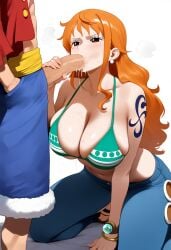 1boy ai_generated arm_tattoo bikini bikini_top_only blue_pants blush bracelet breasts cleavage cum cum_in_mouth denim earrings fellatio female green_bikini huge_breasts jeans jewelry kneeling large_breasts long_hair monkey_d_luffy nami_(one_piece) navel one_piece oral orange_hair pants penis penis_grab post-timeskip sandals shoulder_tattoo solo_focus straight sweat swimsuit tattoo trewg001 veins veiny_penis
