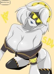 almost_naked almost_nude ankeitan bare_shoulders big_breasts breasts cleavage clothing female female_only glitch_productions looking_at_side murder_drones on_knees robot_girl short_hair v_(murder_drones)