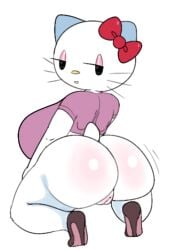 anthro ass big_breasts big_butt bottomless bow_(feature) breasts clothed clothing crouching domestic_cat felid feline felis female footwear genitals hello_kitty_(character) hello_kitty_(series) high_heels looking_back mammal sanrio savagensfw shirt shoes solo topwear twerking vulva whiskers white_body