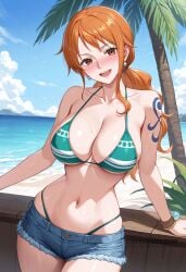 ai_generated bare_shoulders beach bikini blue_sky blush bracelet breasts brown_eyes cleavage cloud collarbone cowboy_shot day denim denim_shorts earrings female green_bikini highleg jewelry large_breasts long_hair looking_at_viewer nami_(one_piece) navel ocean one_piece open_mouth orange_eyes orange_hair outdoors palm_tree ponytail shadowrealmarts short_shorts shorts shoulder_tattoo sidelocks sky smile solo stomach sweat swimsuit tattoo teeth thighs tree uncensored upper_teeth_only