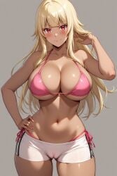 1girl ai-created ai_generated bangs bare_arms bare_shoulders bikini bikini_bottom bikini_under_shorts blonde_hair blunt_bangs blush breasts cameltoe clavicle cleavage closed_mouth clothing curvaceous dark-skinned_female dark_skin eyebrows female female_only gokukoku_no_brynhildr groin halterneck hand_in_own_hair hand_on_hip hand_on_own_hip hand_up high_resolution huge_breasts large_breasts long_hair looking_at_viewer midriff navel pink_bikini pink_swimsuit portrait red_eyes rena_aikawa_(pixiv_user) shiny shiny_skin short_shorts shorts side-tie_bikini side-tie_bikini_bottom side-tie_clothing side-tie_swimsuit sideboob sidelocks skindentation smile solo standing stomach string_bikini striptease swimsuit tachibana_mina_(gokukoku_no_brynhildr) thick_thighs thigh_gap thighs underboob white_shorts