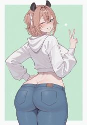 1girls alternate_costume animal_ears ass ass_cleavage ass_focus back back_view bare_hips big_ass big_butt blue_pants blush blush_lines border breasts brown_hair butt_crack commentary cowboy_shot crossed_bangs curvaceous_figure curvy curvy_female curvy_figure denim english_commentary female female_focus female_only from_behind green_background green_eyes grin hair_between_eyes hair_intakes hair_ribbon hand_on_hip hand_on_own_hip hand_up hi_res high_resolution highres hood hood_down hoodie huge_ass indie_virtual_youtuber jacket jeans large_ass large_breasts light-skinned_female light_blush light_skin long_sleeves looking_at_viewer looking_back median_furrow medium_hair midriff nimi_nightmare one_eye_closed one_side_up original pants peace_sign pov_eye_contact rear_view ribbon sideways_glance simple_background smile smiles smiling smiling_at_viewer solo solo_female solo_focus star_(symbol) tagme tapir_ears tapir_girl teeth terenazal thick_thighs thighs turning_head v v_sign viewed_from_behind virtual_youtuber voluptuous voluptuous_female vtuber white_border white_hoodie white_ribbon wink winking winking_at_viewer