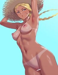 1girls ahoge antenna_hair armpits arms_up bandeau bikini bikini_tan blonde_hair blue_eyes braid breasts cammy_white clothing covered_nipples dark-skinned_female dark_skin female front-tie_bikini_top front-tie_top hat huge_ahoge jewelry lips long_hair looking_at_viewer medium_breasts navel necklace parted_lips pink_bikini puckered_lips scar scar_on_cheek scar_on_face side-tie_bikini_bottom solo stomach strapless strapless_bikini straw_hat street_fighter street_fighter_6 sun_hat swimsuit taka-michi tan tanlines thighs twin_braids underboob