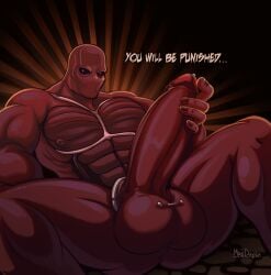 1boy alternate_version_at_source alternate_version_available balls bara big_muscles big_penis cum_drip dark_eyes dick_piercing fear_and_hunger gay gay_male intimidating legs_spread male massive_balls massive_penis mrsdaqota muscles penis penis_close-up penis_out pierced_balls pierced_genitals pierced_penis piercing piercings pov_penis_closeup red_body ronn_chambara simple_background small_head yaoi