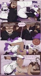 absurd_res anthro antlers blush bodily_fluids breasts canid canine clothed clothed_sex clothing comic crossdressing cum cum_in_vagina cum_inside deer dialogue duo ejaculation embarrassed english_text eyewear female female_penetrated femboy fluffy fluffy_tail fox fur genital_fluids glasses gloves_(marking) green_eyes hi_res highlights_(coloring) hooves horn impregnation internal internal_vaginal knot knotting laugh laughing_at leg_markings legwear looking_pleasured maid_uniform male male/female male_penetrating male_penetrating_female mammal markings mirande_(deustchy) multi_tail multicolored_body multicolored_tail multiple_scenes neck_tuft nude onomatopoeia orgasm paws penetration pinned purple_ears purple_eyes questionable_consent rook_(rookarino4277) sex socks_(marking) sonofan sound_effects speech_bubble stockings tail text thick_thighs tuft uniform vaginal_penetration vaginal_penetration wearing_glasses white_body white_fur