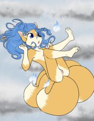 anthro anus ass blue_eyes blue_hair canine female fox hair hindpaw malachyte mammal multiple_tails open_mouth paws pussy solo