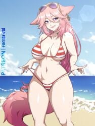 1girls animal_ears beach bikini bikini_bottom bikini_top bottomwear ear_piercing earrings elfoppai female female_only fox_ears genshin_impact hair headwear long_hair nipple_bulge pink_hair purple_eyes red_bikini smile solo solo_female striped_bikini sunglasses sunglasses_on_head swimwear topwear yae_miko