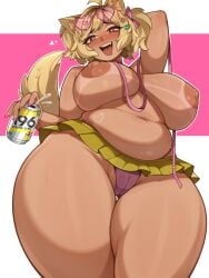 alternate_version_available areolae bbw beer belly big_areolae big_breasts blonde_hair breasts chubby chubby_female dog_girl female glasses_on_head gyaru hair_ornament indie_virtual_youtuber kemonomimi melonpuff miniskirt mint_castella pussy pussy_visible_through_clothes tanlines topless virtual_youtuber