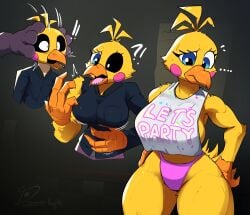 !! .... 2025 ?! absurd_res anthro ass ass_expansion avian beak bird bonnie_(fnaf) breast_expansion breasts cleavage confusion dreamerknights female five_nights_at_freddy's_2 fnaf hand_on_hip male mask mtf_transformation signature surprised surprised_expression sweatdrop toy_chica_(fnaf) transformation transformation_sequence