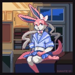 1:1 animated anthro asian_clothing balls becoming_erect bed blush bodily_fluids bottomwear clothed clothing clothing_lift crossdressing cum detailed_background digital_media_(artwork) east_asian_clothing eeveelution ejaculation frame_by_frame furniture furry furry_only generation_6_pokemon genital_fluids genitals hands-free japanese_clothing japanese_school_uniform leaking_cum long_ears male multicolored_body nante-p nintendo on_bed penis pink_body pixel_(artwork) pixel_animation pleated_skirt pokemon pokemon_(species) presenting presenting_penis school_uniform serafuku short_playtime sitting sitting_on_bed skirt skirt_lift solo solo_male sylveon teasing uniform white_body