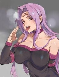 1girls absurdres breasts cleavage collar collarbone commentary_request detached_sleeves dress facial_mark fate/stay_night fate_(series) fellatio_gesture female forehead forehead_mark highres large_breasts long_hair medusa_(fate) medusa_(fate/stay_night) medusa_(rider)_(fate) oral_invitation purple_eyes purple_hair solo square_pupils strapless strapless_dress taiyang_yu teeth tongue tongue_out upper_teeth_only very_long_hair