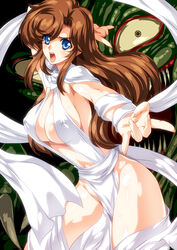 arm_behind_head arm_up armpits bangs blue_eyes blush breasts brown_hair center_opening claws cleavage corna covered_nipples cowboy_shot female fighting_stance first_porn_of_franchise foreshortening from_side gesture groin large_breasts leaning_forward legs_apart long_hair looking_at_viewer monster nipples no_bra no_panties open_mouth outstretched_arm pelvic_curtain seirei_tokusou_fairy_saber sharp_teeth sideboob smash_daisaku standing sweat teeth thighs wavy_hair