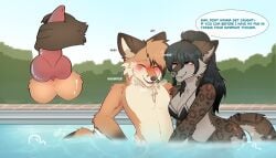 anthro blushy canid canine dominant dominant_female duo english_text felid female fox hair handjob hi_res locknvt male male/female mammal one_eye_closed pantherine penile penis ponytail pool poolside public public_sex sex shepherdsnow snow_leopard submissive submissive_male text