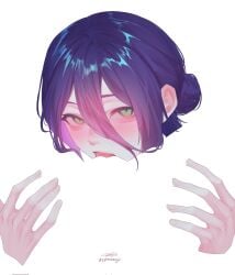 2girls artist_self-insert blush chainsaw_man commentary corrupted_twitter_file cunnilingus english_commentary female_pov green_eyes hair_bun highres meme multiple_girls negative_space_cunnilingus_(meme) oral pov purple_hair reze_(chainsaw_man) signature simple_background solo_focus sweat tongue tongue_out white_background yuri zoulnova