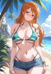 ai_generated arm_tattoo bare_shoulders beach bikini blue_shorts blue_sky blush bracelet breasts brown_eyes cleavage closed_mouth cloud collarbone cowboy_shot day denim denim_shorts earrings female green_bikini highleg jewelry large_breasts long_hair looking_at_viewer nami_(one_piece) navel ocean one_piece orange_hair outdoors palm_tree shadowrealmarts short_shorts shorts shoulder_tattoo sky solo stomach sweat swimsuit tattoo thigh_gap thighs tree uncensored wet
