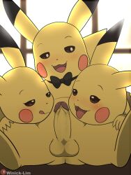 1boy 2girls absurd_res balls black_bowtie bowtie eyes_wide_open generation_1_pokemon hi_res nintendo penis pikachu pokemon pokemon_(species) ready_for_sex red_cheeks spread_legs testicles winick-lim yellow_body yellow_fur yellow_penis
