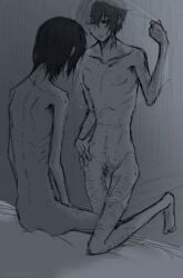 2boys bsd bungo_stray_dogs bungou_stray_dogs curtain dark_hair dazai_osamu fyodor_dostoevsky gay limp_penis naked nude nudity on_bed osamu_dazai penis penis_out self-harm_scars skinny yaoi