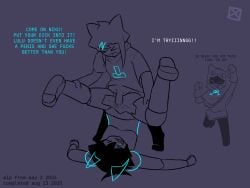 accessory animal_humanoid anthro bottomless bottomless_male canid canid_humanoid canine canine_humanoid canis cat_robot cheering clothed clothing dialogue duo e-rar403 female glowing glowing_abdomen glowing_accessory glowing_eyes group hair_accessory hairclip hoodie humanoid insult insulting_partner lulu_nepetas machine male male/female mammal mammal_humanoid niku_kyanite penetration robonya robot robot_humanoid segmented_body sex sharp_teeth smug standing standing_sex struggling teeth text topwear vaginal_penetration vaginal_penetration wolf wolf_humanoid